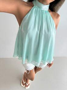 Aloruh 女款優雅亮面粉色露背上衣 - 綠色 - 查看 5