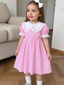 SHEIN Genkimix Kids 女童粉色條紋刺繡蕾絲飾邊彼得潘領短袖A字洋裝 返校季夏季秋季 - 粉色 - 查看 6