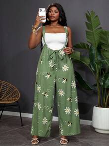 SHEIN Clasi Plus Size Women's Green Floral Print Jumpsuit Summer Boho Vacation Casual Elegant Wedding Guest Party Dress - Green - View 1