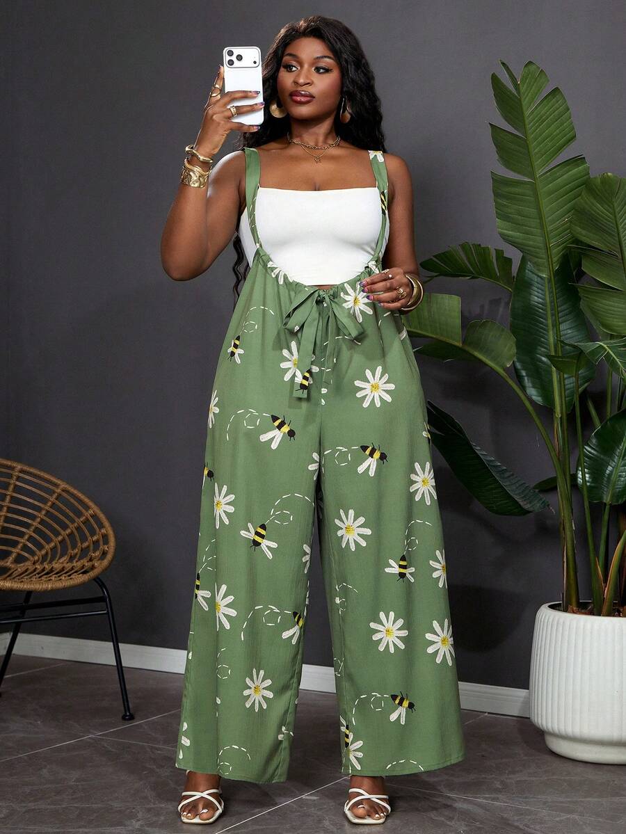 SHEIN Clasi Plus Size Women's Green Floral Print Jumpsuit Summer Boho Vacation Casual Elegant Wedding Guest Party Dress - Green - View 1
