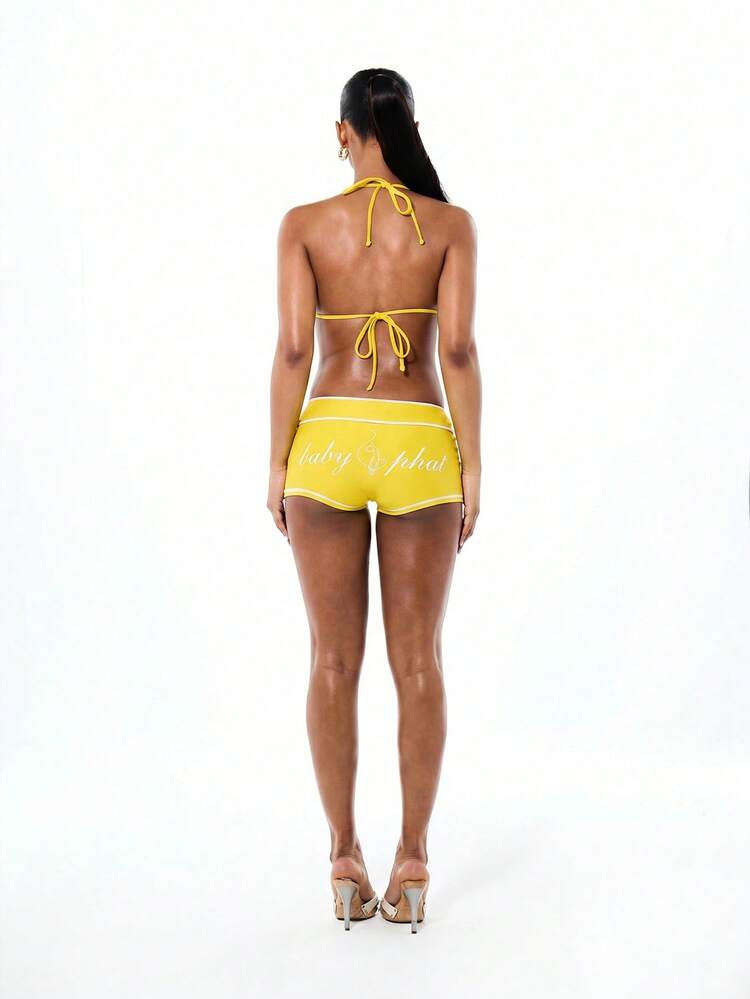 BABYPHAT Contrast Cover Stitch Swim Shorts With Logo Print And White Piping Detail For Beach Summer