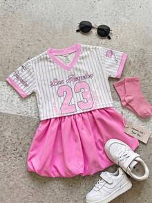 SHEIN 女婴运动休闲时尚短袖上衣和碎花泡泡裙短裤套装，女婴服装 - 彩色 - 查看 3