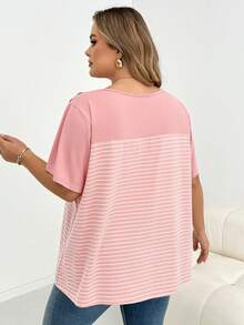 SHEIN CURVE+ 大尺碼女款撞色條紋拼接T恤 - 粉色 - 查看 2