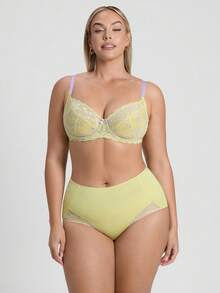 LUVLETTE Plus Full Coverage Breathable Unlined Lace Elegance & Mesh Keyhole Detail Lingerie CurveLight Green & Purple Sheer Minimizer Bridal Intimates Bra - Green - View 10