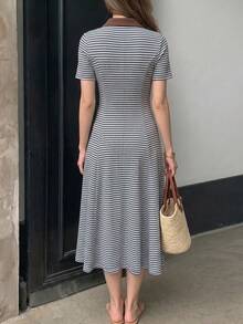 Modelyn 女款春夏針織紋理條紋拼接棕色立領短袖收腰A字優雅浪漫中長洋裝 - 彩色 - 查看 3