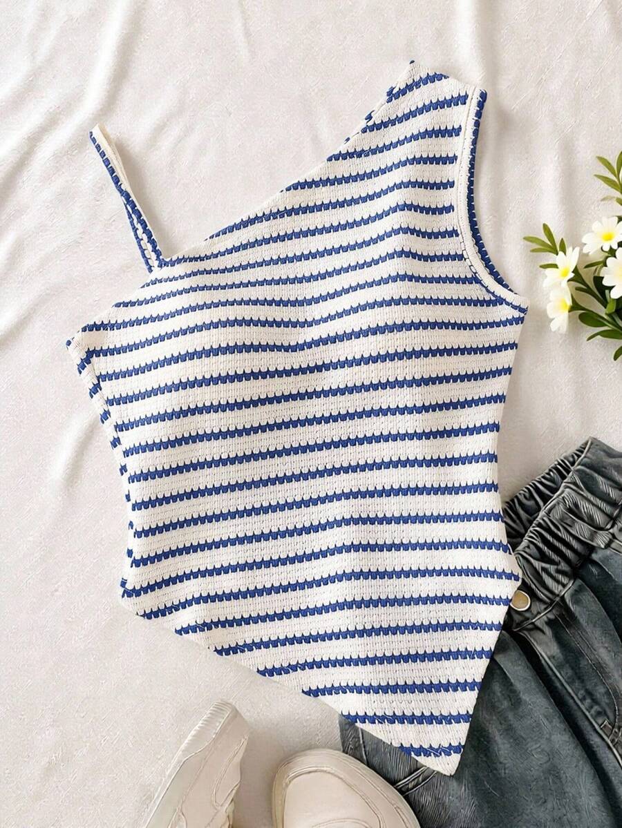 SHEIN Sparklyn 少女休闲个性吊带背心,黑白面料,不对称吊带下摆,适合旅行、度假、散步、外出,可搭配裤子、短裤、裙子、外套。 - 寶藍色 - 查看 1