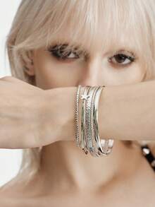 MortiRose 6pcs Minimalist Pentagram Bangle Bracelet Set For Women, Suitable For Daily Wear - Silver - View 1