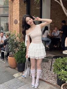 SHEIN MOD Contrast Lace Ruffle Hem Skirt - White - View 5