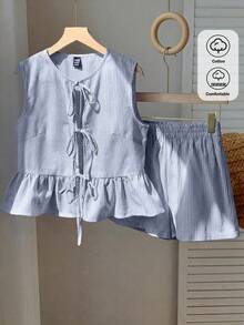 Comfortcana Bộ 2 món áo tank top không tay cổ tròn buộc dây kẻ sọc và quần short cho nữ đi du lịch mùa xuân/hè - Màu xanh lam - Xem 1