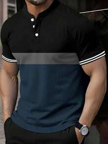 Manfinity Mode 男士條紋短袖休閒/商務拼色 Polo 衫 夏季休閒上衣 正式 儀式 - 藏蓝色 - 查看 4