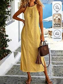Louniche Women's Summer Solid White Lace Long Casual Vacation Dress - Yellow - View 3