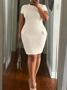 Veslaya Damen Große Größen Einfarbiges Rundhals Lässig Party Kleid - Weiss - Übersicht 9