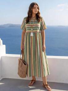 EMERY ROSE Women's Plus Size Yarn-Dyed Striped Round Neck Short Sleeve Casual Dress - Green - View 3
