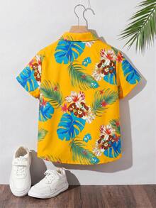 SHEIN Kemeja Tenun Lengan Pendek Berkerah Terbuka Depan dengan Motif Garis-garis Kasual untuk Anak Laki-laki Remaja - Kuning - View 2