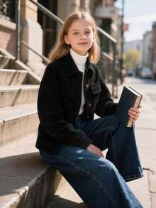 Girls' Solid Color Versatile Minimalist Casual Autumn/Winter Turn-Up Collar Jacket Coat - Black - View 7