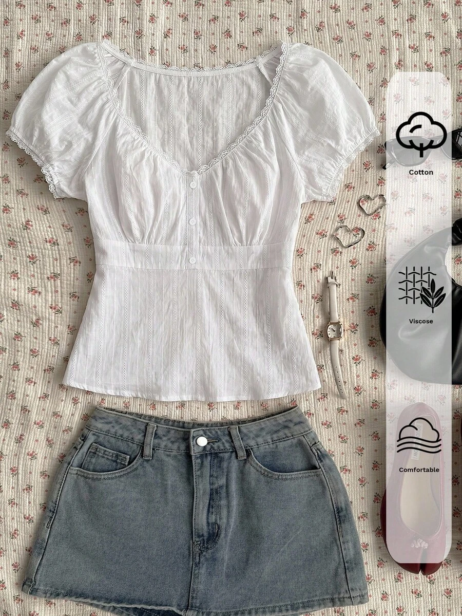 CovetEZ 大尺碼女款春夏新款棉混紡對比蕾絲泡泡袖短袖襯衫,甜美休閒女式上衣 - 白色 - 查看 1