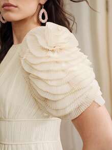 Anewsta Elegant Ruched Sleeve 3D Floral Applique Short Sleeve Summer New Style Plus Size Women's Dress - Apricot - View 5