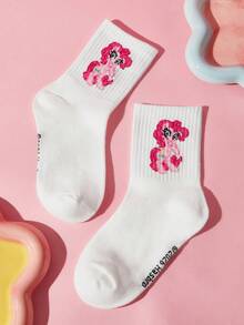 My Little Pony X SHEIN 3雙棉質柔軟透氣吸濕管襪，兒童可愛卡通圖案，加強襪身與後跟，耐穿耐用，適合四季穿著，適用於學校與戶外活動 - 白色 - 查看 3