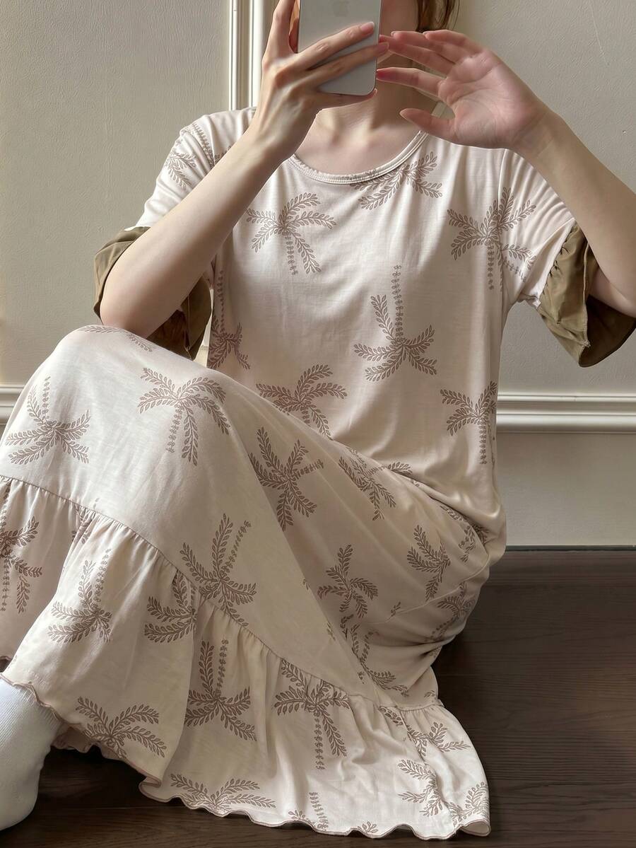 Napfluff Contrast Color Ruffle Trim Short Sleeve Romantic Floral Print Long Nightgown - Multicolor - View 1