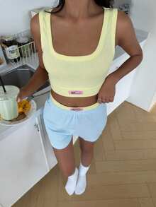 ZzzCrew Vibrant Contrast Color High Elasticity Soft Ribbed Texture Camisole & Shorts Pajama Set For Women - Multicolor - View 6