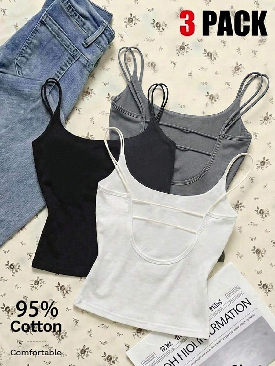 Attitoon 3pcs 95% Cotton Women's Tight-Fitting Backless Camisole, Summer Outfit For Women - Multicolor - View 1