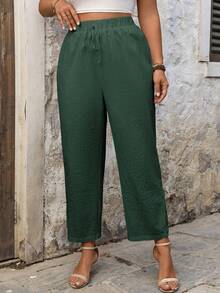 SHEIN LUNE CURVE Pantalones largos casuales de lino con patchwork y ribete de encaje bordado para tallas grandes - Verde Oscuro - Ver 5