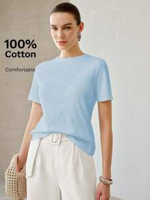 MOTF PREMIUM CAMISETA DE MANGA CORTA CON CUELLO REDONDO DE COLOR UNIDO VERSÁTIL PARA MUJER EN VERANO - Azul - Ver 6