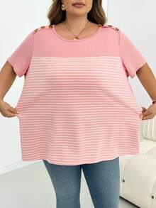 SHEIN CURVE+ 大尺碼女款撞色條紋拼接T恤 - 粉色 - 查看 5