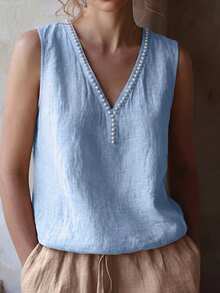 EMERY ROSE Plus Size Woven Casual Elegant V-Neck Beach Vacation-Style Summer Women's Shirt Light Blue - Blue - View 1