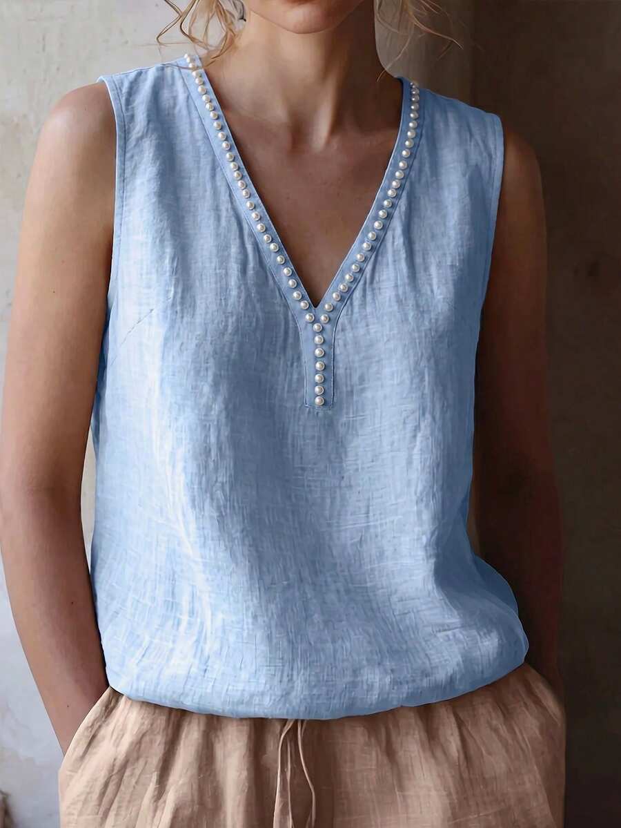 EMERY ROSE Plus Size Woven Casual Elegant V-Neck Beach Vacation-Style Summer Women's Shirt Light Blue - Blue - View 1