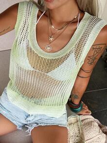 Livesso Women's Solid Color Hollow Out Casual Vacation Cover-Up Top Summer Beach Outfits - Green - View 1