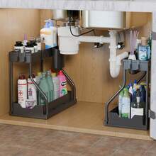 Estante de almacenamiento debajo del fregadero de material plástico de doble capa con cajones deslizantes - Solución de almacenamiento multifuncional para la cocina y el baño: Estante de almacenamiento debajo del fregadero y gabinete de almacenamiento en negro - Multicolor - Ver 5