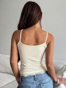 DAZY Áo hai dây nữ dáng ôm co giãn phối ren tương phản màu trơn, áo tank top mặc thường ngày đi du lịch mùa hè - Màu be - Xem 2