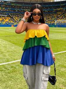 Maweii Large Solid Color Multi-Layer Suitable For Football Matches, World Cup Football, Multi-Color Splicing, Wave Stacking, Ruffle Edge Wrapped Chest, Versa - Multicolor - View 5
