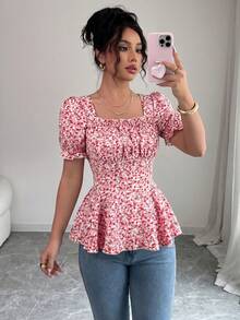 Elenzga Spring/Summer Elegant Vacation Bust Detail Square Neck Waist-Defining Women's Blouse - Multicolor - View 4
