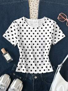 SHEIN SHIEN 青少年女孩圓領短袖白色黑波點 T-shirt，夏季修身上衣，休閒可愛貼身款，夏季校園穿搭 - 黑與白 - 查看 3