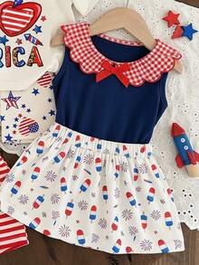 白色 7月4日 復古可愛紅藍字母 Little Miss America 女嬰簡約休閒圓領短袖T恤與單車短褲套裝，適合春夏日常、假日、日，甜美女孩風 - 彩色 - 查看 5