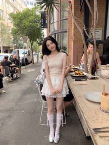 SHEIN MOD Contrast Lace Ruffle Hem Skirt - White - View 11