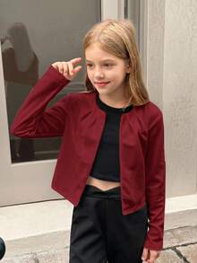 SHEIN 兒童青少年女孩休閒日常百搭素色百褶圓領鈕扣短版七分袖外套，返校季 - 酒紅色 - 查看 8