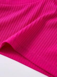 SHEIN Baby Girl Knitted Solid Color Top And Flower Pattern Shorts Set For Summer Vacation - Hot Pink - View 4