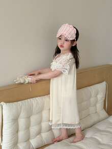 DAZY Baby Girl Lace Patchwork Short Sleeve Loungewear Dress Summer Toddler - White - View 4