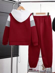 SHEIN Setelan Anak Laki-Laki Remaja Musim Gugur dan Musim Dingin, Hoodie dan Celana Olahraga 2 Potong, Sweatshirt dan Celana Olahraga Warna Blok, Cocok untuk Sekolah, Santai Sehari-hari, Kuliah, dan Olahraga - Burgundy - View 2