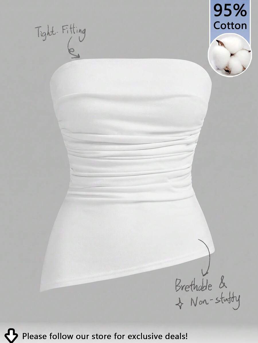 Tseoso Women's Solid Color Pleated Split Design Casual Versatile Daily Outing Tube Top - White - View 1
