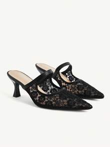 CUCCOO CHICEST Black Lace Pointed Mullers, Hollow Mesh Kitten And Slippers, Workplace Dating Party Slim High Heels - Black - View 1
