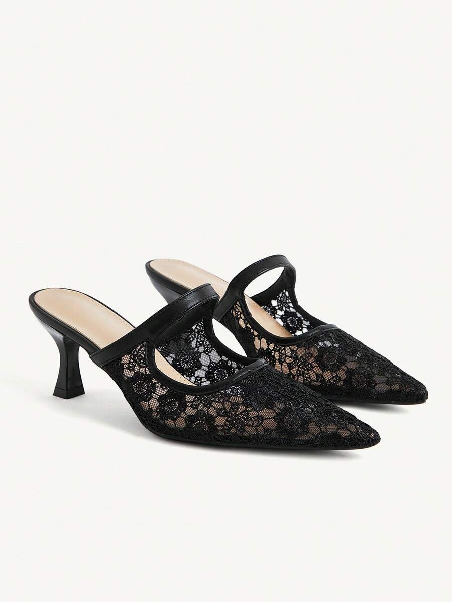 CUCCOO CHICEST Black Lace Pointed Mullers, Hollow Mesh Kitten And Slippers, Workplace Dating Party Slim High Heels - Black - View 1