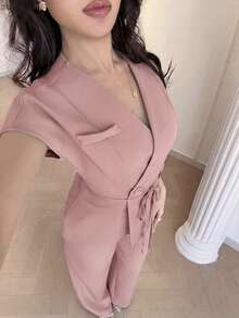 Nuevo conjunto elegante y casual de estilo coreano con mangas cortas y cintura ceñida, versátil para el trabajo y el uso diario - Rosa - Ver 3