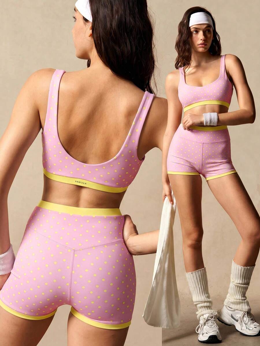 VARSIVA Women's Color Block Polka Dot Print Ultra Short Tank Top And Shorts Sports Set - Pink - View 1