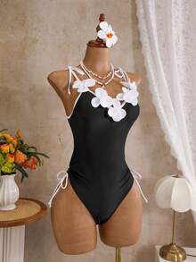 Swim Chiccia Swim Chicsea-D 女款春夏季純色對比細肩帶3D花朵裝飾連身泳衣 - 黑與白 - 查看 5