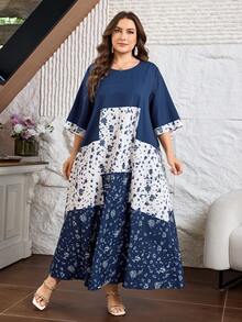 Lacomfia Robe élégante pour femmes grande taille, manches mi-longues, patchwork floral discret, col rond, style décontracté pour le travail et les vacances - Multicolore - Voir 7