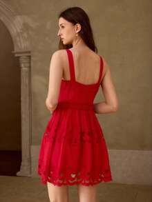 MOTF PREMIUM WOMEN'S PATCHWORK HOLLOW LACE TIE WAIST CAMI DRESS - Red - View 3